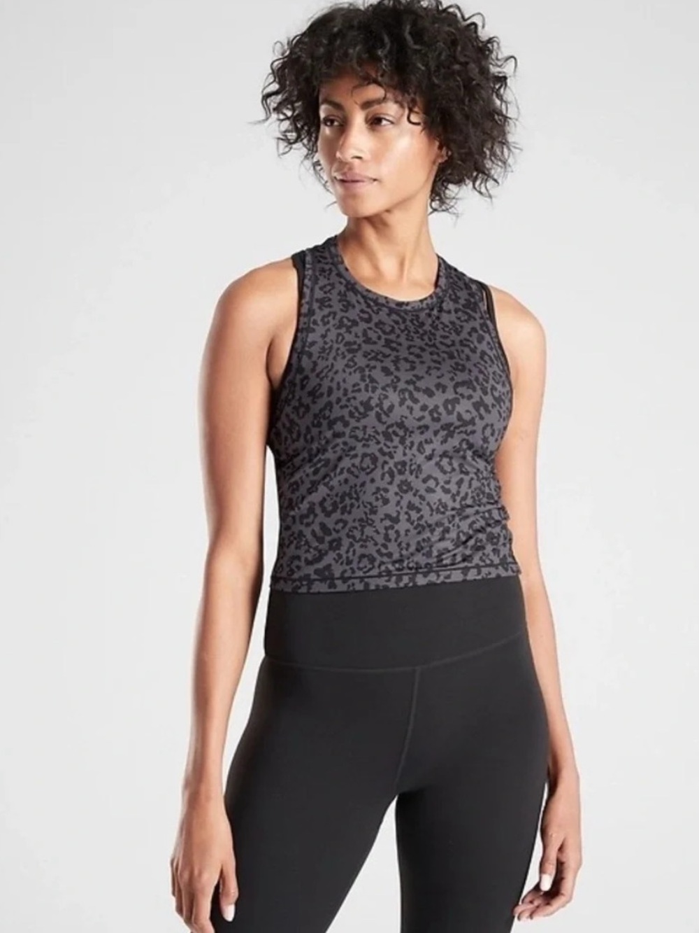 Athleta Shanti‎ Crop Leopard Tank Top Black Grey Sleepless size Medium